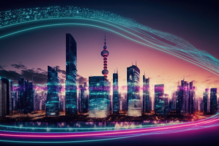 Smart city with communication network graphic connecting the city with wireless internet technology. Futuristic city big data flowing cityscape. IOT internet of things. Peculiar AI generative image.の素材
