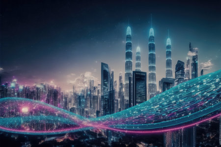 Smart city with communication network graphic connecting the city with wireless internet technology. Futuristic city big data flowing cityscape. IOT internet of things. Peculiar AI generative image.の素材