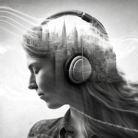 Sedate double exposure portrait of happy beautiful girl enjoying music in headphone concept with urban city building with skyscrapers graphic design. Modern lifestyle of music lovers by Generative AI.の素材