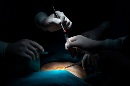 Closeup surgical team performing surgery to patient in sterile operating room. In a surgery room lit by a lamp, a professional and confident surgical team provides medical care to unconscious patient.の写真素材