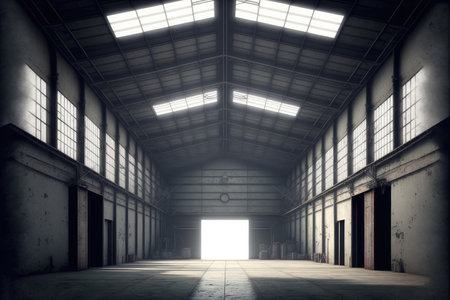 Inside empty warehouse or hangar with large steel structure for industrial background. Peculiar AI generative image.の素材