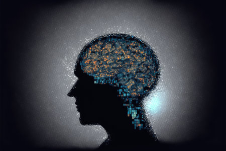 Genius human head with AI brain artificial intelligence virtual thinking system. Peculiar AI generative image.の素材