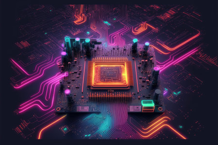 Computer microchip semiconductor on motherboard futuristic cyber neon lighting. Peculiar AI generative image.の素材