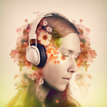 Sedate double exposure portrait of beautiful woman in headphone listen to music immerse with spring blossom colorful flower as concept of music-loving lifestyle in serenity with nature. Generative AIの素材