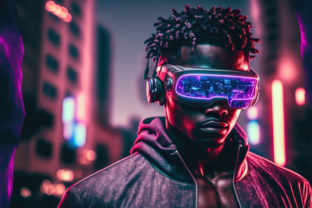 African man wearing virtual reality goggles standing in virtual world background . Concept of virtual reality technology , gaming simulation and metaverse. Peculiar AI generative image.の素材