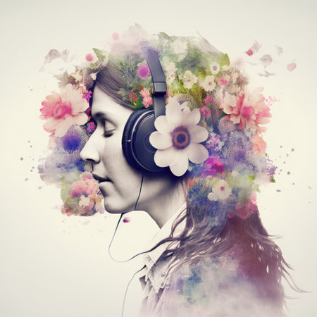 Sedate double exposure portrait of beautiful woman in headphone listen to music immerse with spring blossom colorful flower as concept of music-loving lifestyle in serenity with nature. Generative AIの素材
