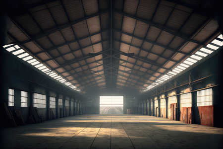 Inside empty warehouse or hangar with large steel structure for industrial background. Peculiar AI generative image.の素材