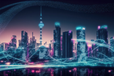 Smart city with communication network graphic connecting the city with wireless internet technology. Futuristic city big data flowing cityscape. IOT internet of things. Peculiar AI generative image.の素材