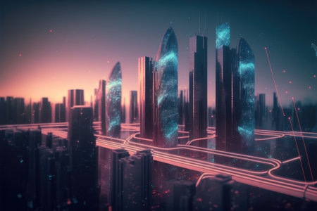 Smart city with communication network graphic connecting the city with wireless internet technology. Futuristic city big data flowing cityscape. IOT internet of things. Peculiar AI generative image.の素材