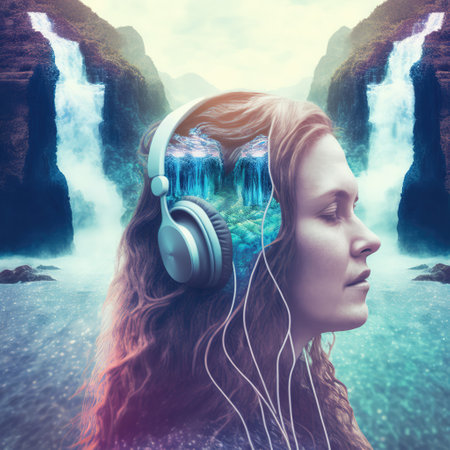 Sedate woman wearing headphone enjoying with music or ambient sound of waterfall and river double exposure in background as tranquility of nature setting by waterfall. Generative AIの素材