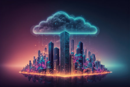 Futuristic smart city internet network connection through wireless system. Peculiar AI generative image.の素材