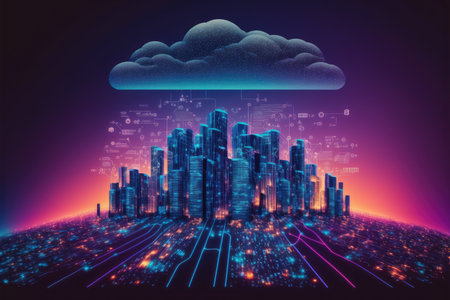 Futuristic smart city internet network connection through wireless system. Peculiar AI generative image.の素材