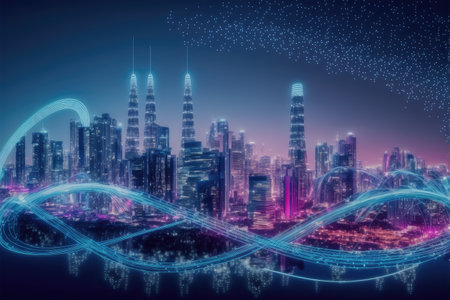 Smart city with communication network graphic connecting the city with wireless internet technology. Futuristic city big data flowing cityscape. IOT internet of things. Peculiar AI generative image.の素材