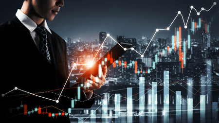 Businessman analyst working with digital finance business data graph showing technology of...