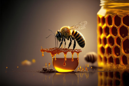 Bee and honey from close up view of nature insect. Peculiar AI generative image.の素材