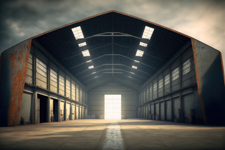 Inside empty warehouse or hangar with large steel structure for industrial background. Peculiar AI generative image.の素材
