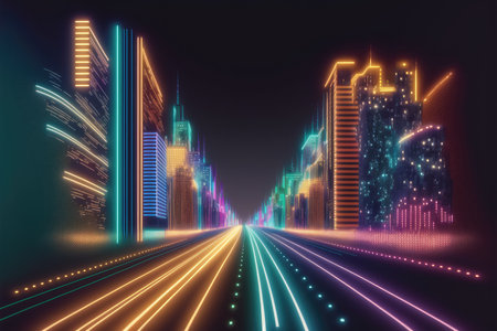 Abstract highway path through digital smart city graphic design. Peculiar AI generative image.の素材