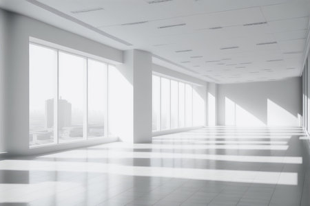 Empty modern office background . Workspace interior design white color . Clean and bright office gallery background. Peculiar AI generative image.の素材
