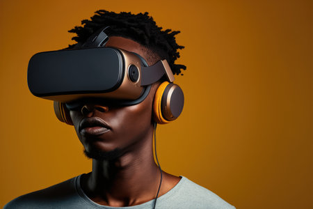 African man wearing virtual reality goggles standing studio clean background . Concept of virtual reality technology , gaming simulation and metaverse. Peculiar AI generative image.の素材