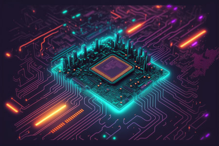 Computer microchip semiconductor on motherboard futuristic cyber neon lighting. Peculiar AI generative image.の素材