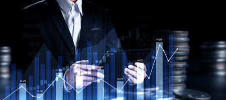 Businessman analyst working with digital finance business data graph showing technology of...