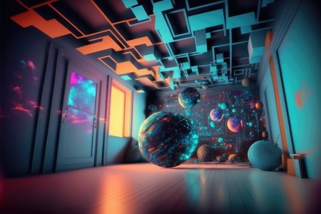 Metaverse room imaginative fantasy decoration design . Digital virtual reality gaming conceptural. Peculiar AI generative image.の素材