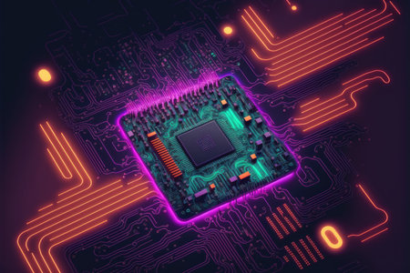 Computer microchip semiconductor on motherboard futuristic cyber neon lighting. Peculiar AI generative image.の素材