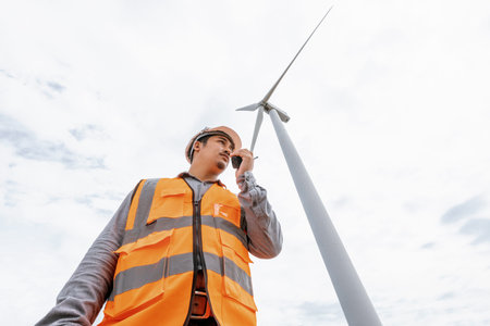 Engineer working on a wind farm atop a hill or mountain in the rural. Progressive ideal for the...
