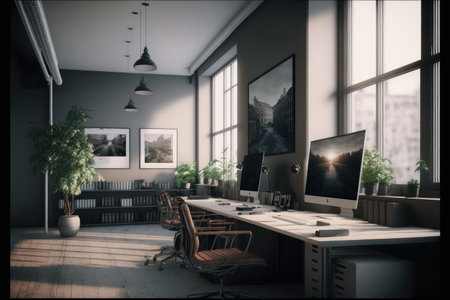 Modern home office interior design including wood concrete and metal material mixing . Trendy loft stylish workspace decoration. Peculiar AI generative image.の素材