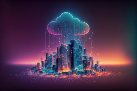 Futuristic smart city internet network connection through wireless system. Peculiar AI generative image.の素材