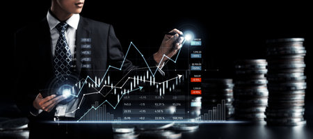 Businessman analyst working with digital finance business data graph showing technology of...