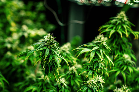 Closeup garden of cannabis plants with gratifying full grown buds ready to be harvested in curative indoor cannabis farm, grow facility. Beautiful highly detail of marijuana plant with bud, macro.の写真素材