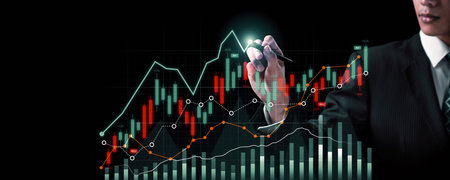 Businessman analyst working with digital finance business data graph showing technology of...