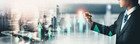 Businessman analyst working with digital finance business data graph showing technology of...