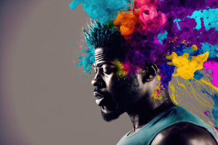 Young African American man with his head exploding in colorful paint powder in concept of midlife crisis and burnout problem . Creative danger design portrait. Peculiar AI generative image.の素材