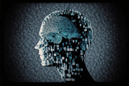 Genius human head with AI brain artificial intelligence virtual thinking system. Peculiar AI generative image.の素材