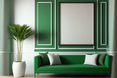 Green modern interior living room design with empty picture frame template for your desired content. Peculiar AI generative image.の素材