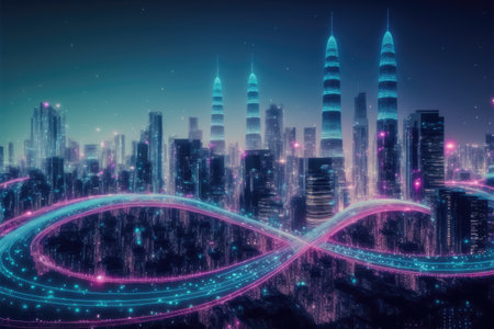 Smart city with communication network graphic connecting the city with wireless internet technology. Futuristic city big data flowing cityscape. IOT internet of things. Peculiar AI generative image.の素材