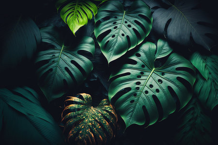 Luxury tropical leaves plant and foliage exotic background abstract of dark botany . Admirable Generative AI image .の素材
