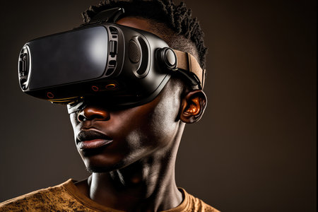 African man wearing virtual reality goggles standing studio clean background . Concept of virtual reality technology , gaming simulation and metaverse. Peculiar AI generative image.の素材