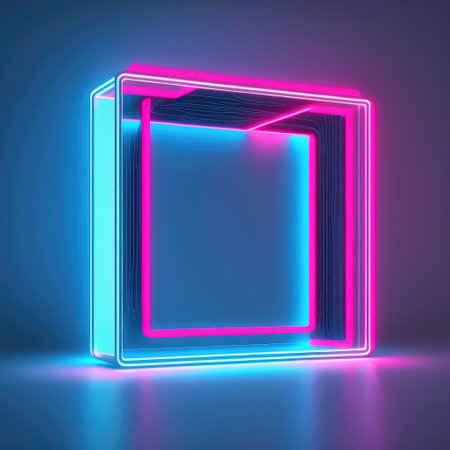Overlapped Lightning neon magical square effecting on black background. Reflection of glowing digital abstract portal effect on cyberpunk concept. Finest generative AI.の素材