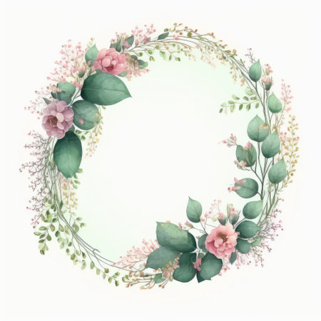 Circle shape frame of pink flower and green leaves with watercolor painting isolated on white background. Theme of vintage minimal art design in geometric. Finest generative AI.の素材