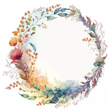 Watercolor pastel colorful floral wreath. Drawing in circle made from dried flowers in circle crown shape concept. Finest generative AI.の素材