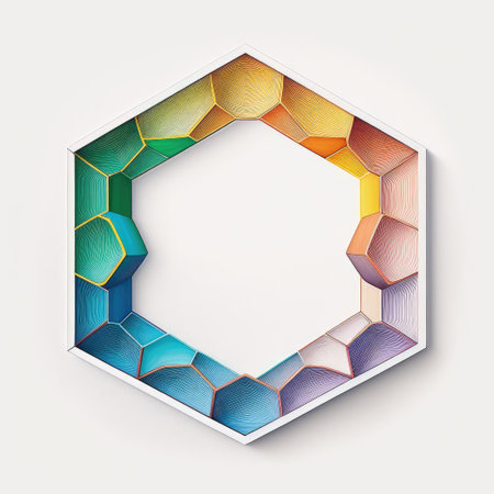 Empty hexagon frame on white background. Concept of overlapped mystery colorful watercolor box. Finest generative AI.の素材