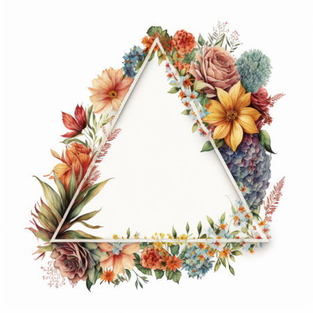 Watercolor pastel colorful drawing in triangle shape decorate with dried various flowers frame. Finest generative AI.の素材