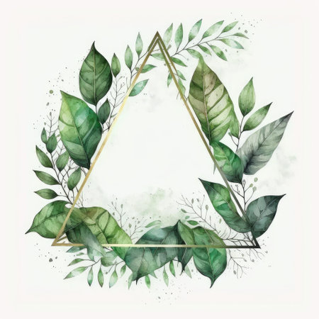 Triangle frame of green leaves with watercolor painting with watercolor painting isolated on white background. Theme of vintage minimal art design in geometric. Finest generative AI.の素材