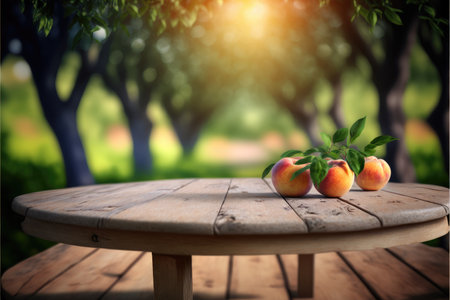Focus peach fruit on the wood table with blurred peach tree background. Concept of blank space for advertising product. Finest generative AI.の素材