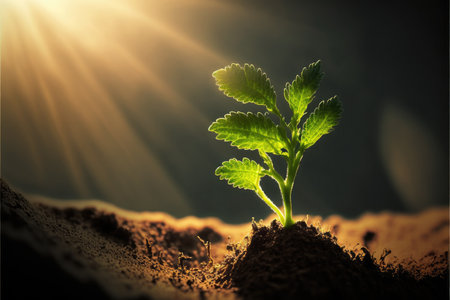 Growing green young plant sprout in stage of nature under sunlight in the morning. Concept of natural tree new life on sustainability and eco-friendliness to wellness design. Finest generative AI.の素材