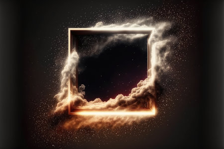 Abstract design of square shape clouds with dying colorful particles exploding. Concept of mystery outer over dark background with glowing light geometric design. Finest generative AI.の素材