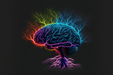 Abstract digital art of neon light brain with nerves isolated on black background. Concept of brain memory in virtual illustration. Finest generative AI.の素材